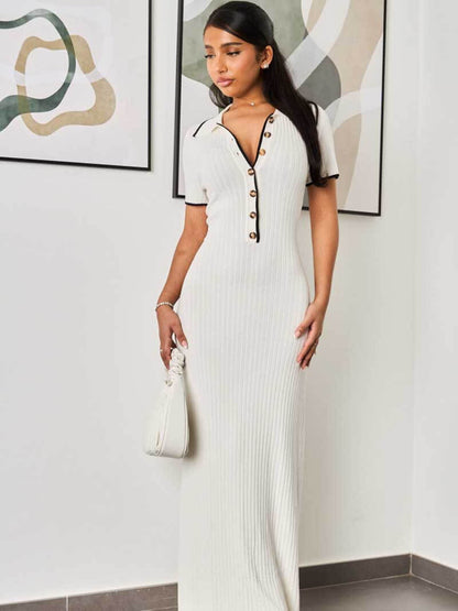 | Ribbed Knit Midi Dress – Button-Front Short Sleeve