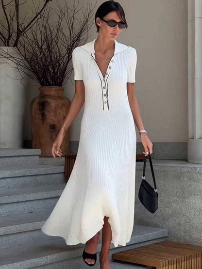 | Ribbed Knit Midi Dress – Button-Front Short Sleeve