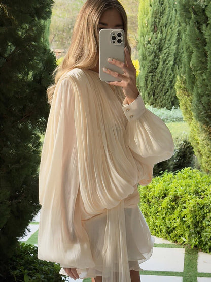 | Draped Chiffon Mini Dress – Long Sleeve Sheer Silhouette