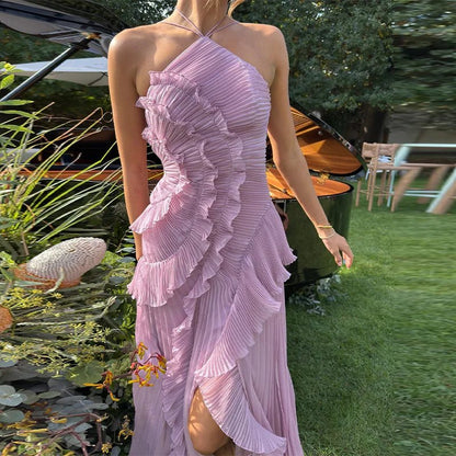 | Halter Neck Ruffled Tulle Dress - A-Line Evening Gown