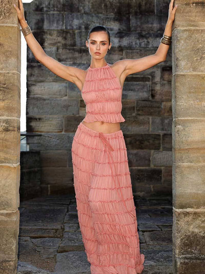 | Ruffled Two-Piece Chiffon Set – Halter Crop Top