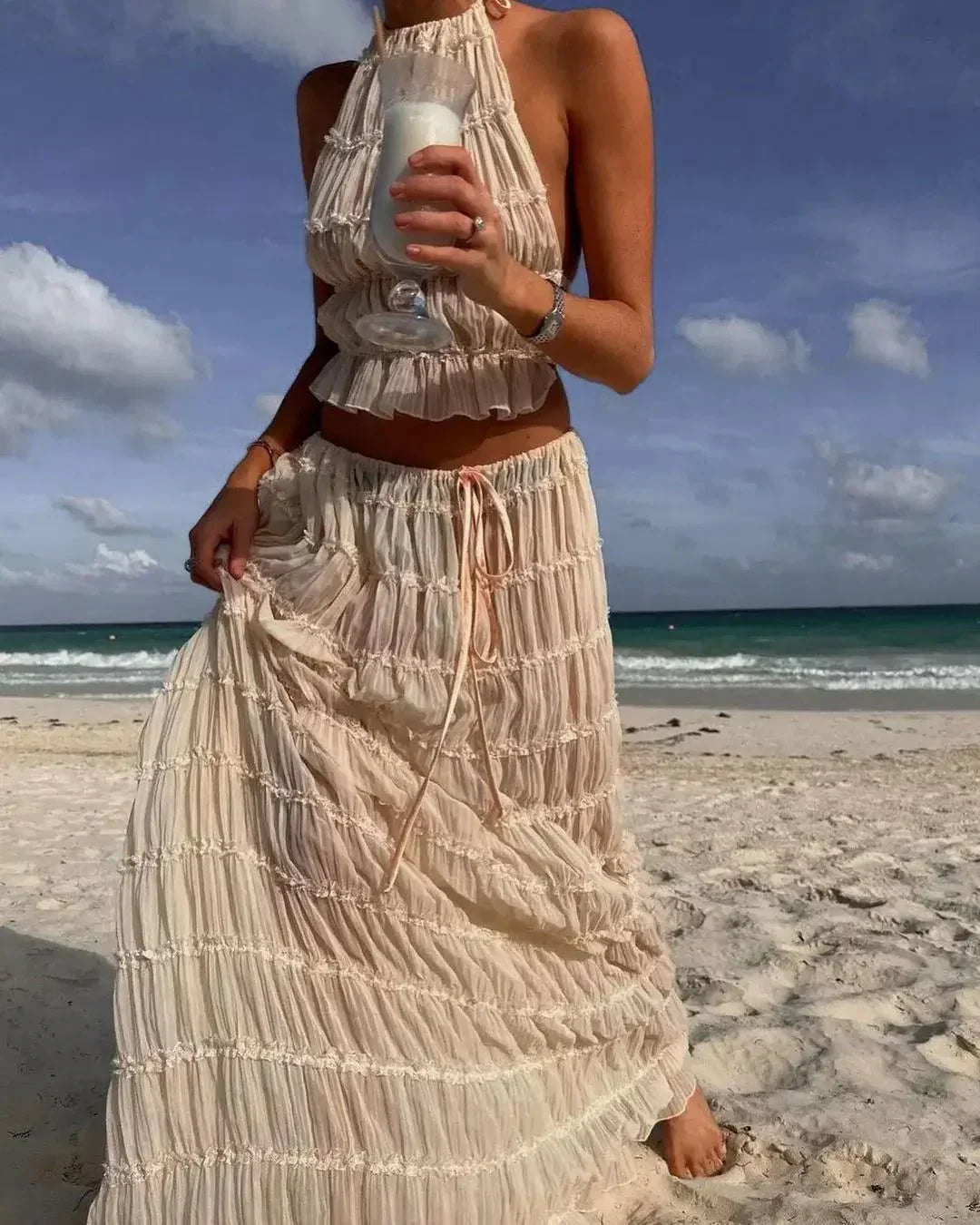 | Ruffled Two-Piece Chiffon Set – Halter Crop Top