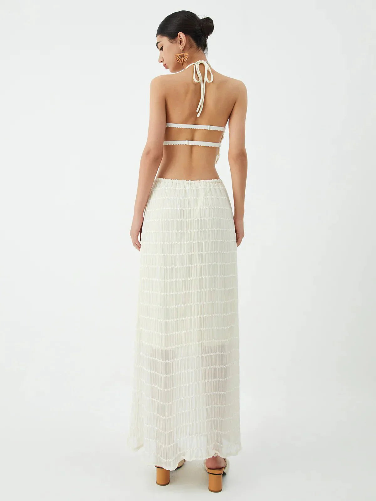 | Ruffled Two-Piece Chiffon Set – Halter Crop Top
