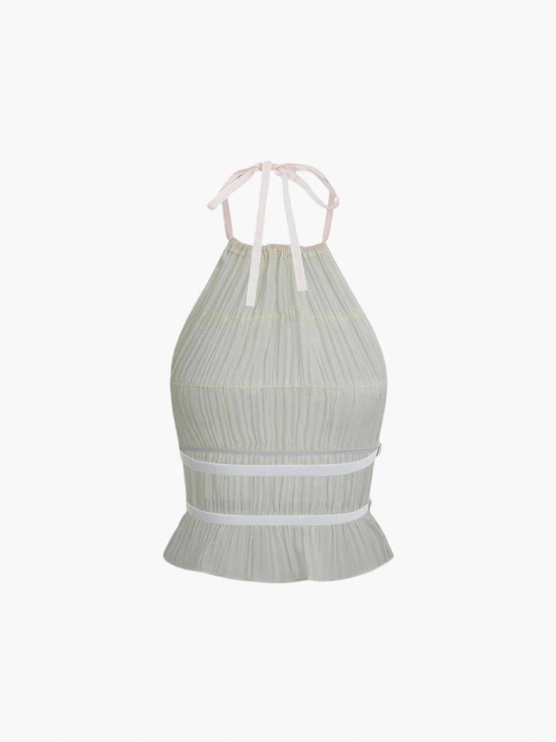 | Ruffled Two-Piece Chiffon Set – Halter Crop Top