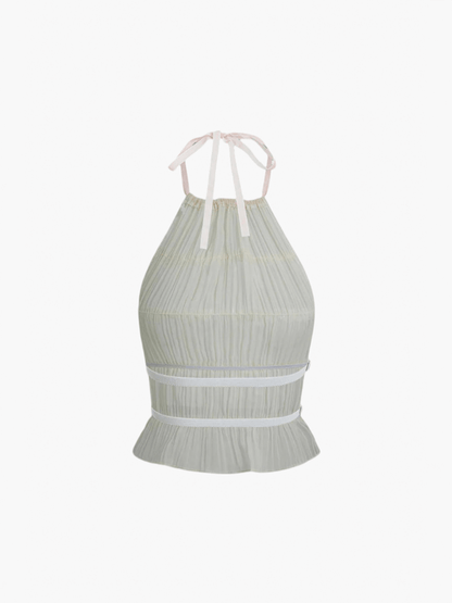| Ruffled Two-Piece Chiffon Set – Halter Crop Top