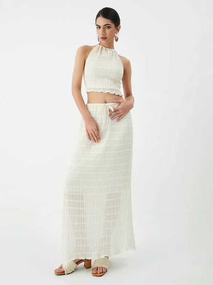 | Ruffled Two-Piece Chiffon Set – Halter Crop Top
