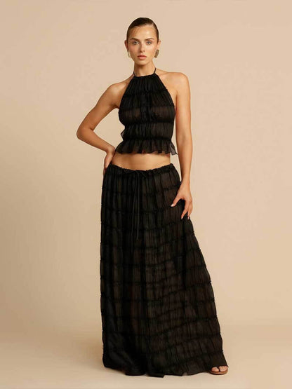 | Ruffled Two-Piece Chiffon Set – Halter Crop Top