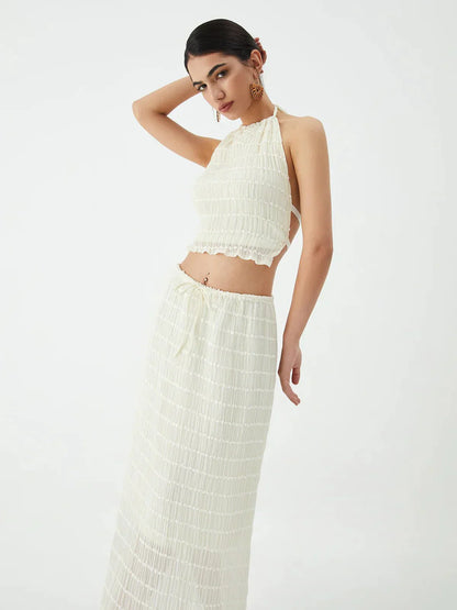 | Ruffled Two-Piece Chiffon Set – Halter Crop Top