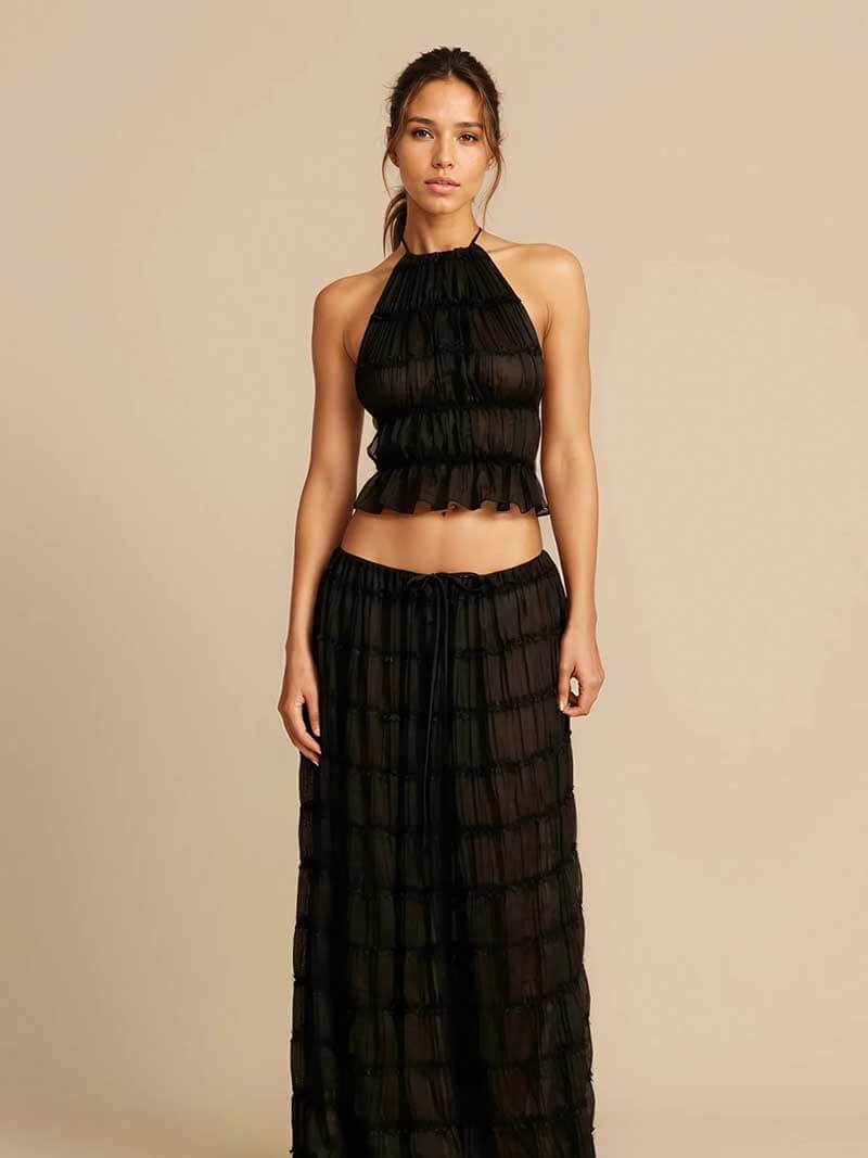 | Ruffled Two-Piece Chiffon Set – Halter Crop Top