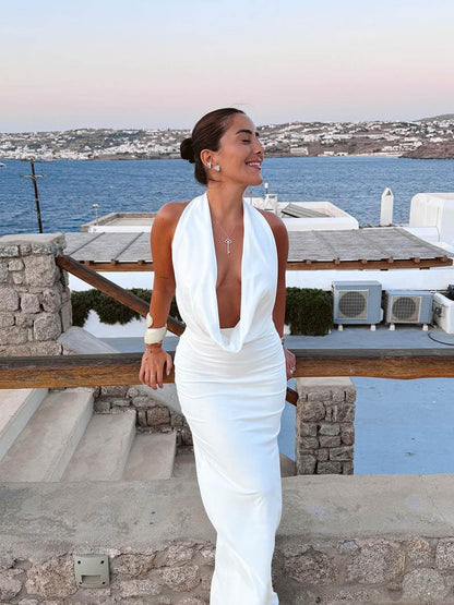| Deep V-Neck Halter Maxi Dress in Bodycon Fit