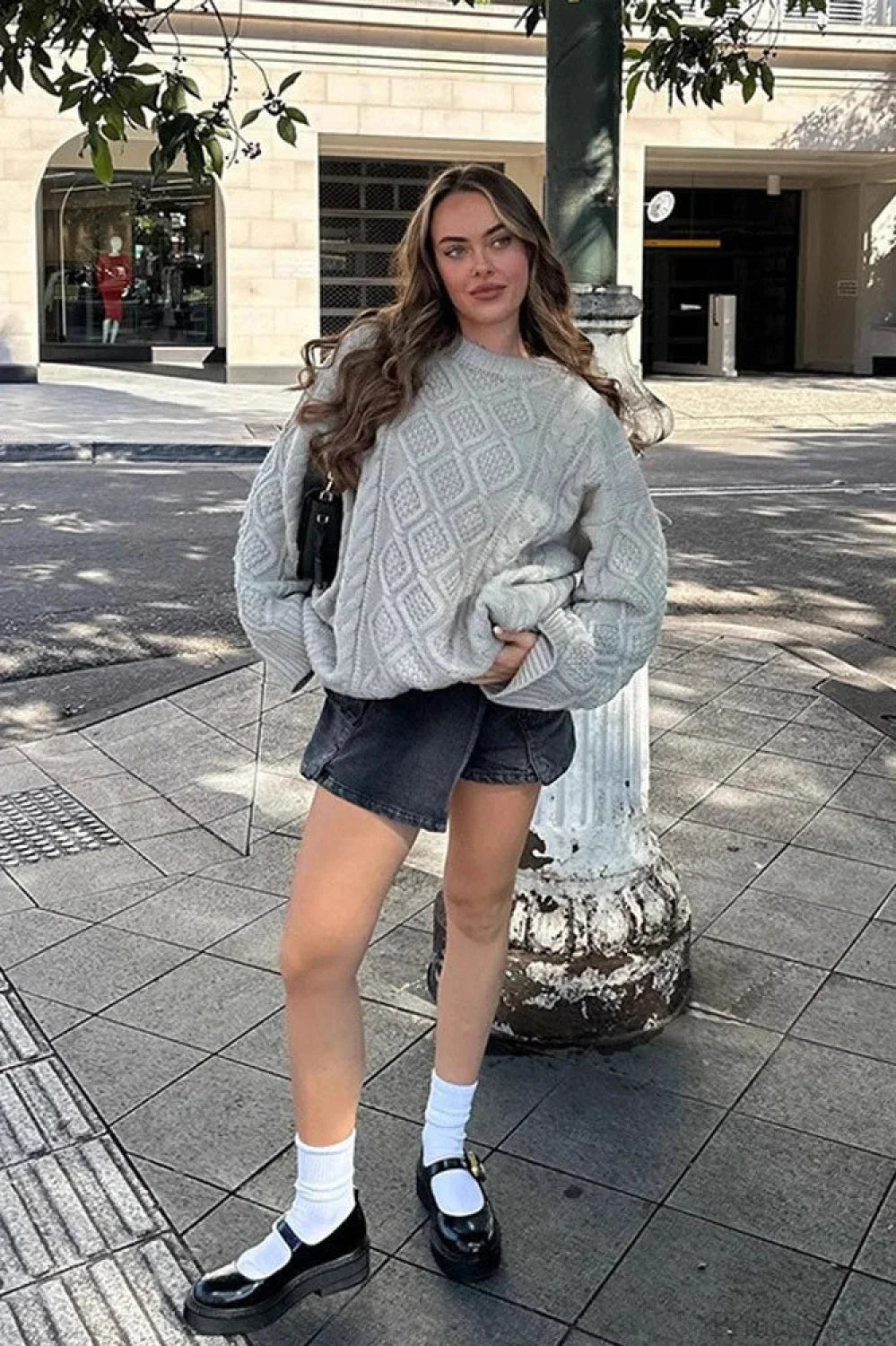 Solid 3D Chunky Cable Argyle Crewneck Loose Sweater