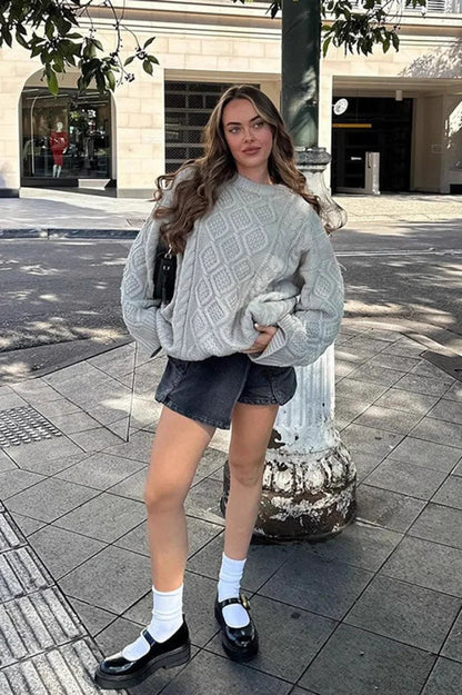 Solid 3D Chunky Cable Argyle Crewneck Loose Sweater