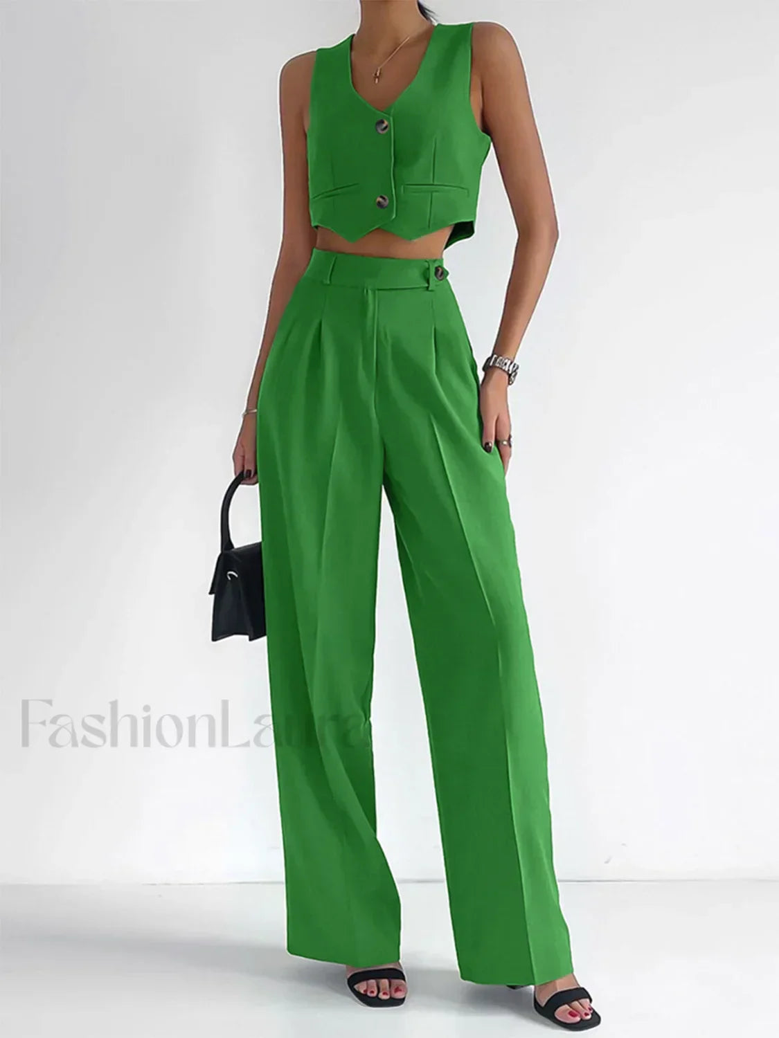 Solid Button Front Trendy Waistcoat With Pants Set