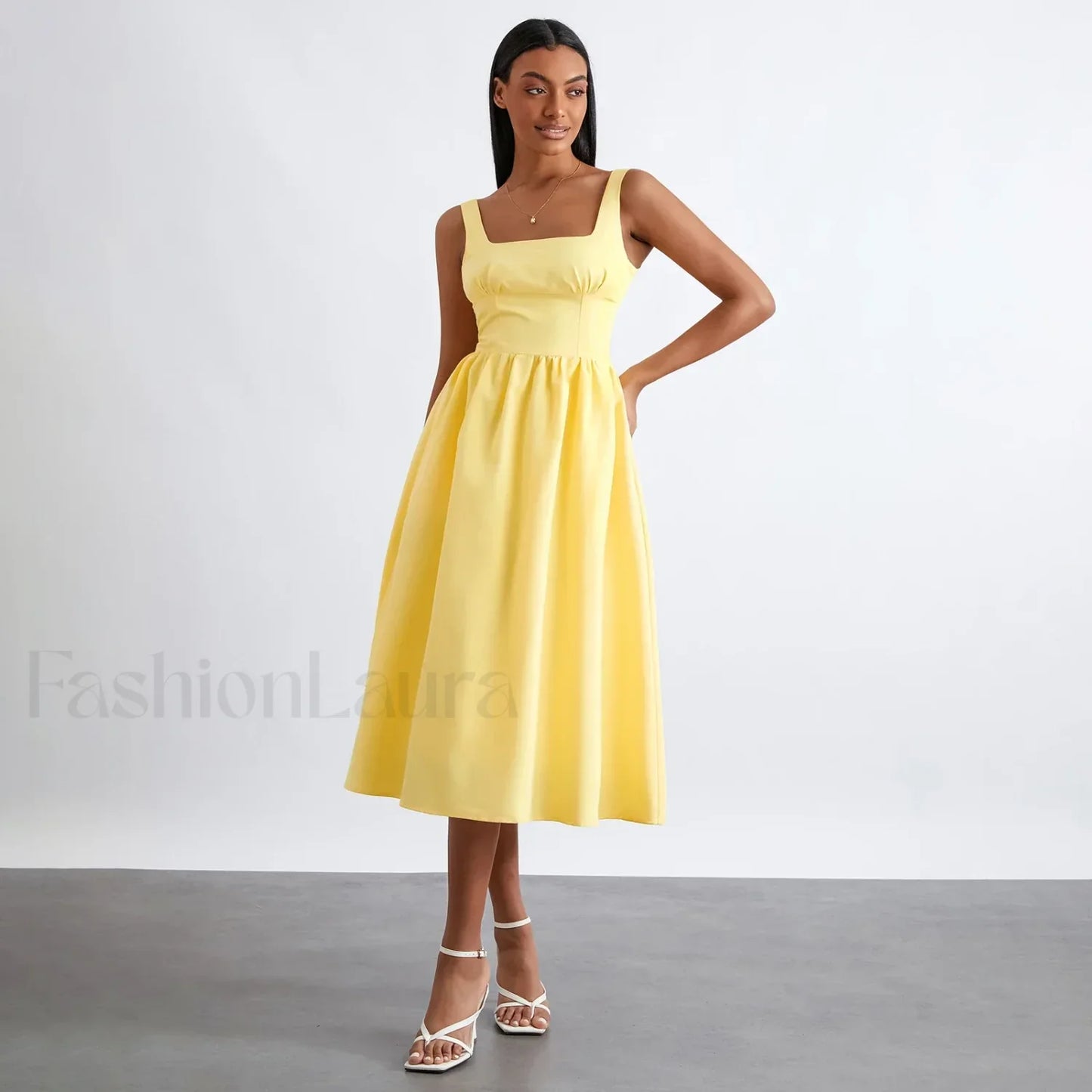 Solid Cami High-Waist Midi Dress