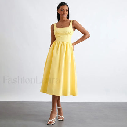 Solid Cami High-Waist Midi Dress