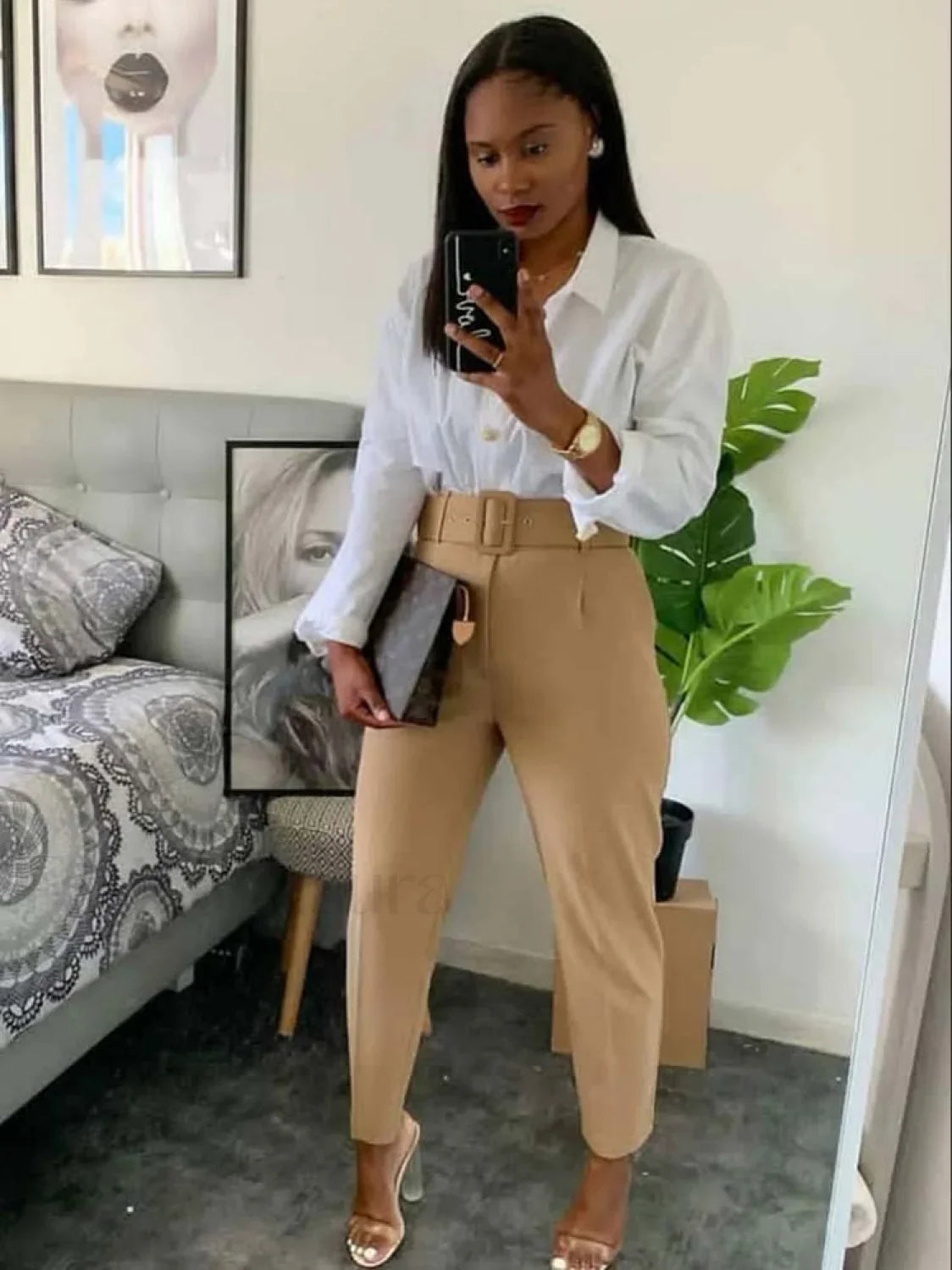 Solid Color Belted Pencil  Pants