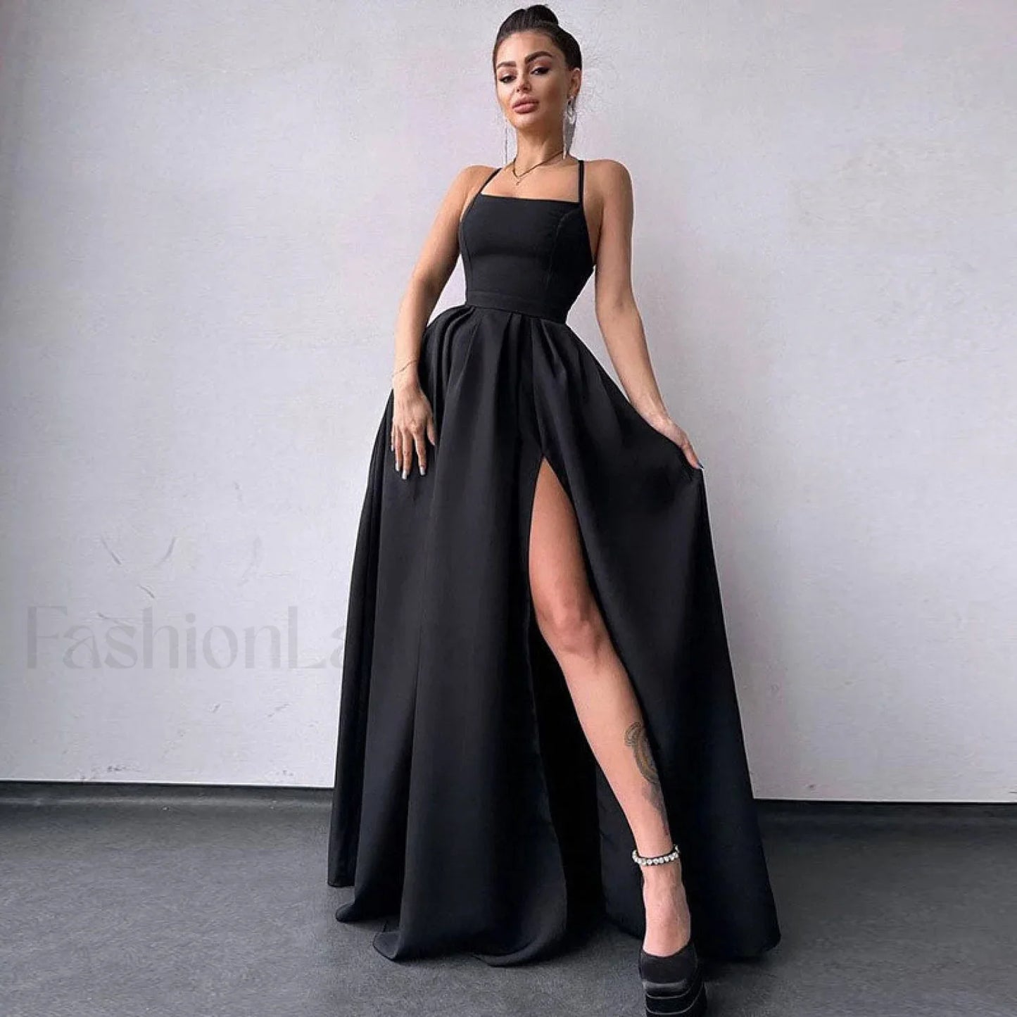 Solid Color High Split Lace Up Back Sleeveless Prom Maxi Dress - Black