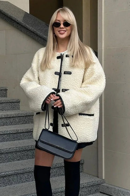 solid color Sherpa Horn Button Minimalist Coat
