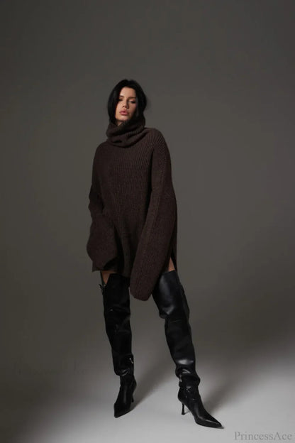 Solid Color Simple Turtleneck Pullover Mid length Knit Sweater