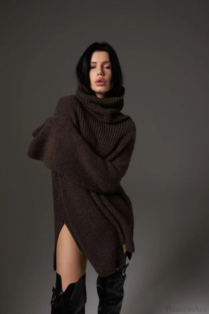Solid Color Simple Turtleneck Pullover Mid length Knit Sweater