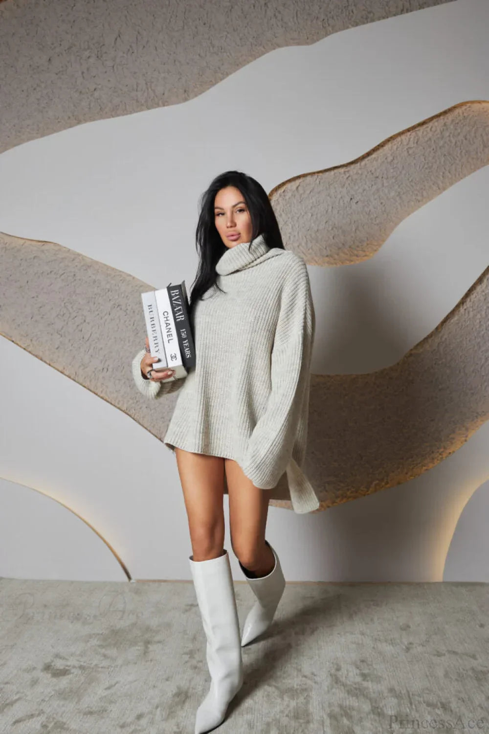 Solid Color Simple Turtleneck Pullover Mid length Knit Sweater