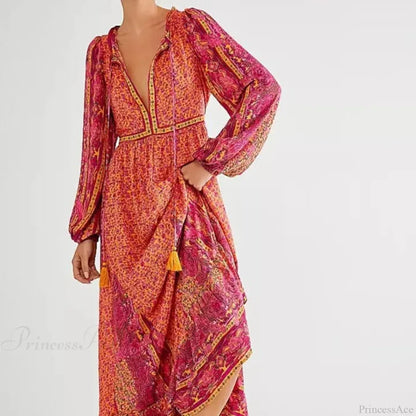 Solid Color V-neck Flare Sleeve Summer Boho Dress