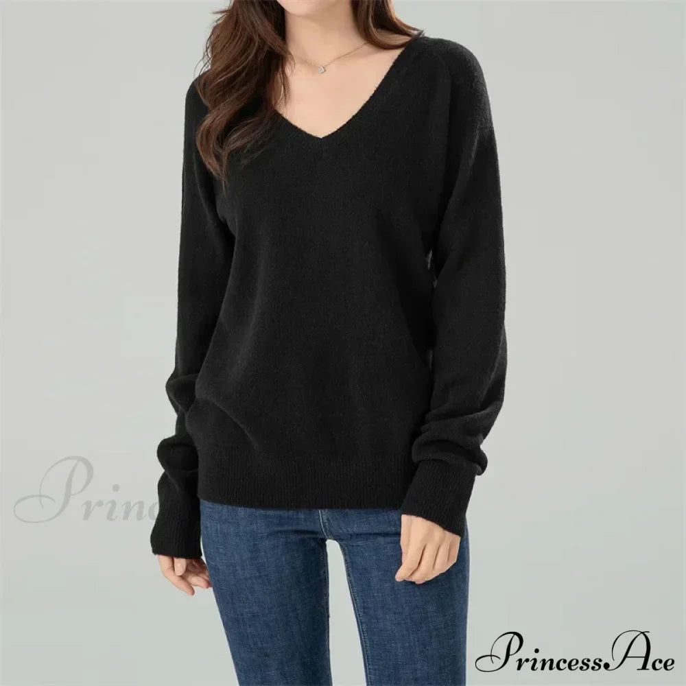 Solid Cozy V-neck Black Casual Long Sleeve Stylish Knitted Autumn Sweater