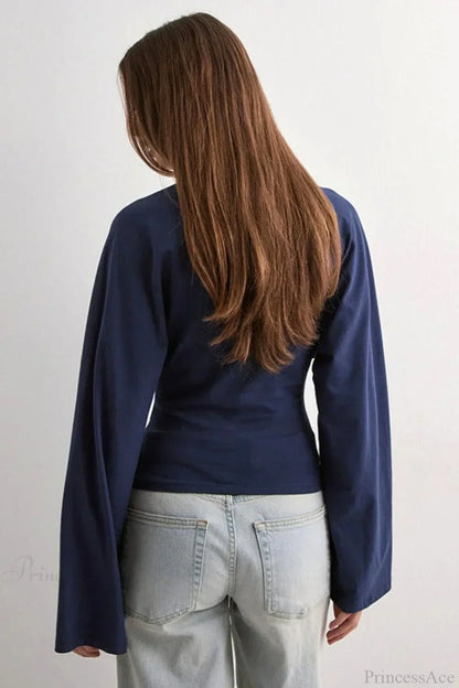 Solid Crew Neck Wide Sleeve Waist Cinched Long Sleeve Tee