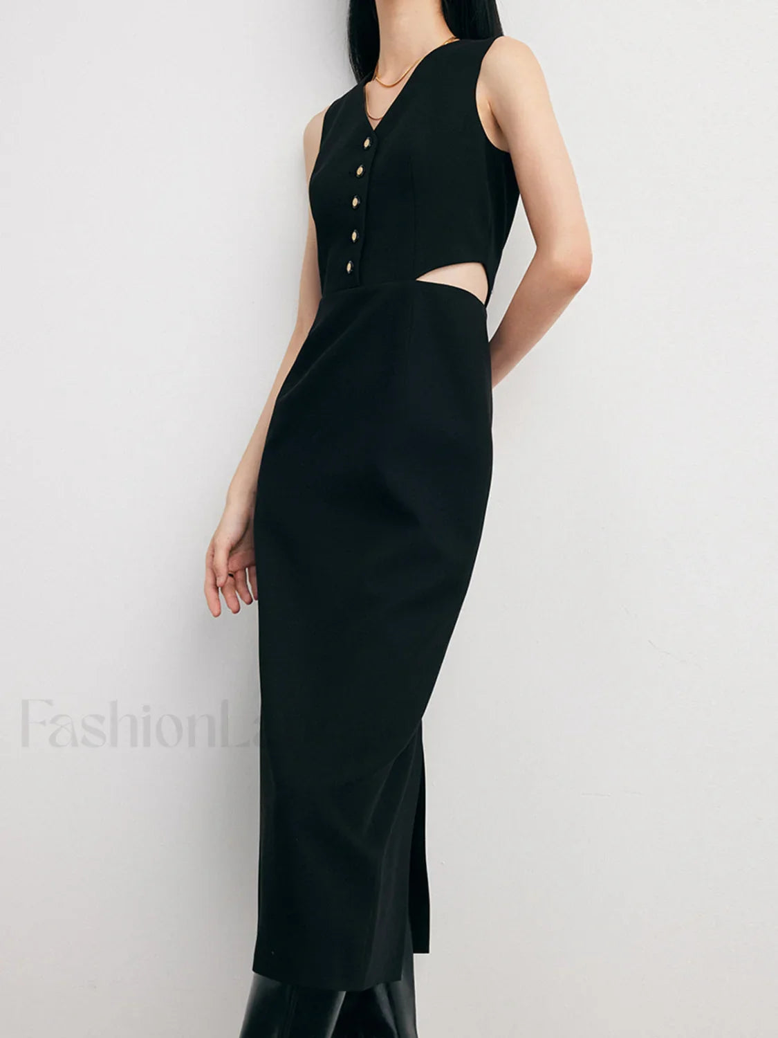 Solid Cut Out Trendy Buttoned Midi Vest Dress