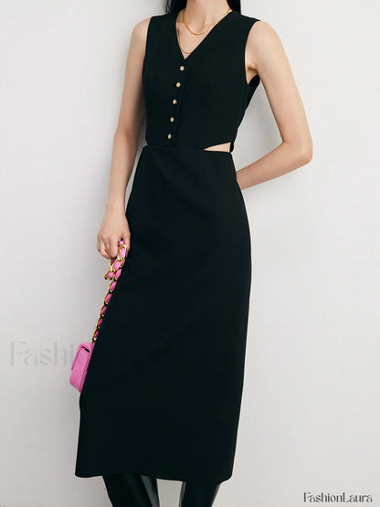 Solid Cut Out Trendy Buttoned Midi Vest Dress