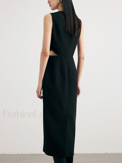Solid Cut Out Trendy Buttoned Midi Vest Dress