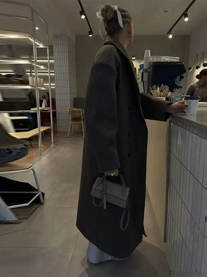 Solid Double-Breasted Turn-Down Overcoat