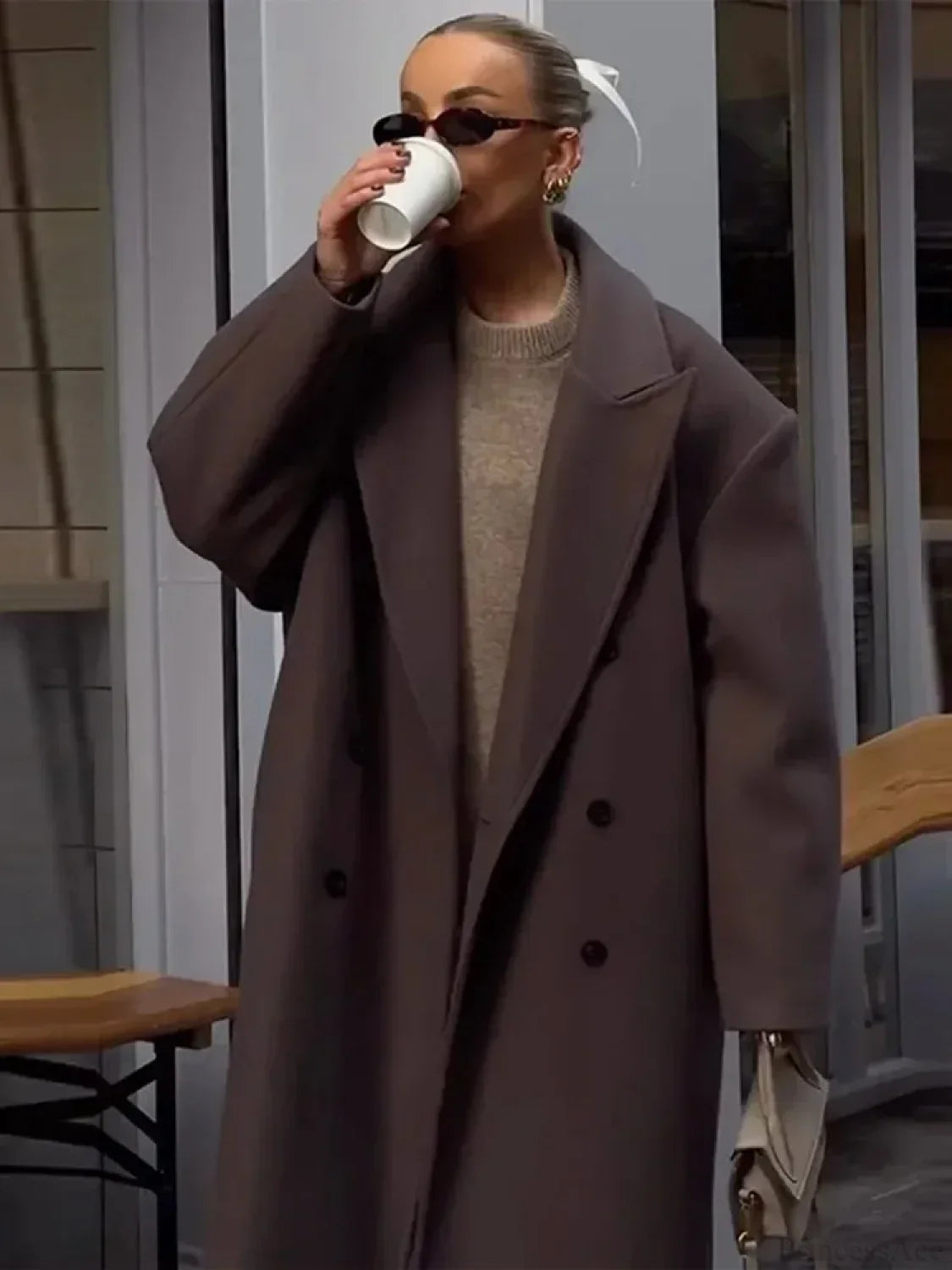 Solid Double-Breasted Turn-Down Overcoat