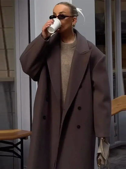 Solid Double-Breasted Turn-Down Overcoat