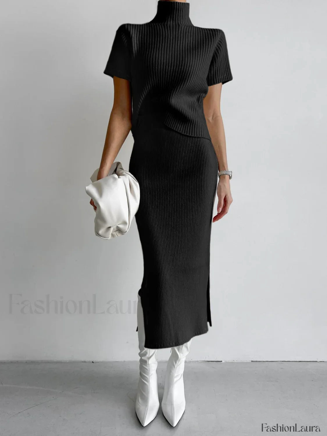 Solid High Neck Split Ribbed Classic Knit Two Pieces Skirt Set