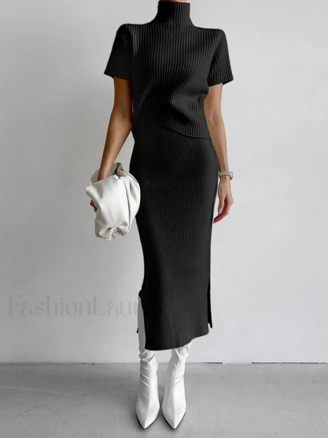 Solid High Neck Split Ribbed Classic Knit Two Pieces Skirt Set