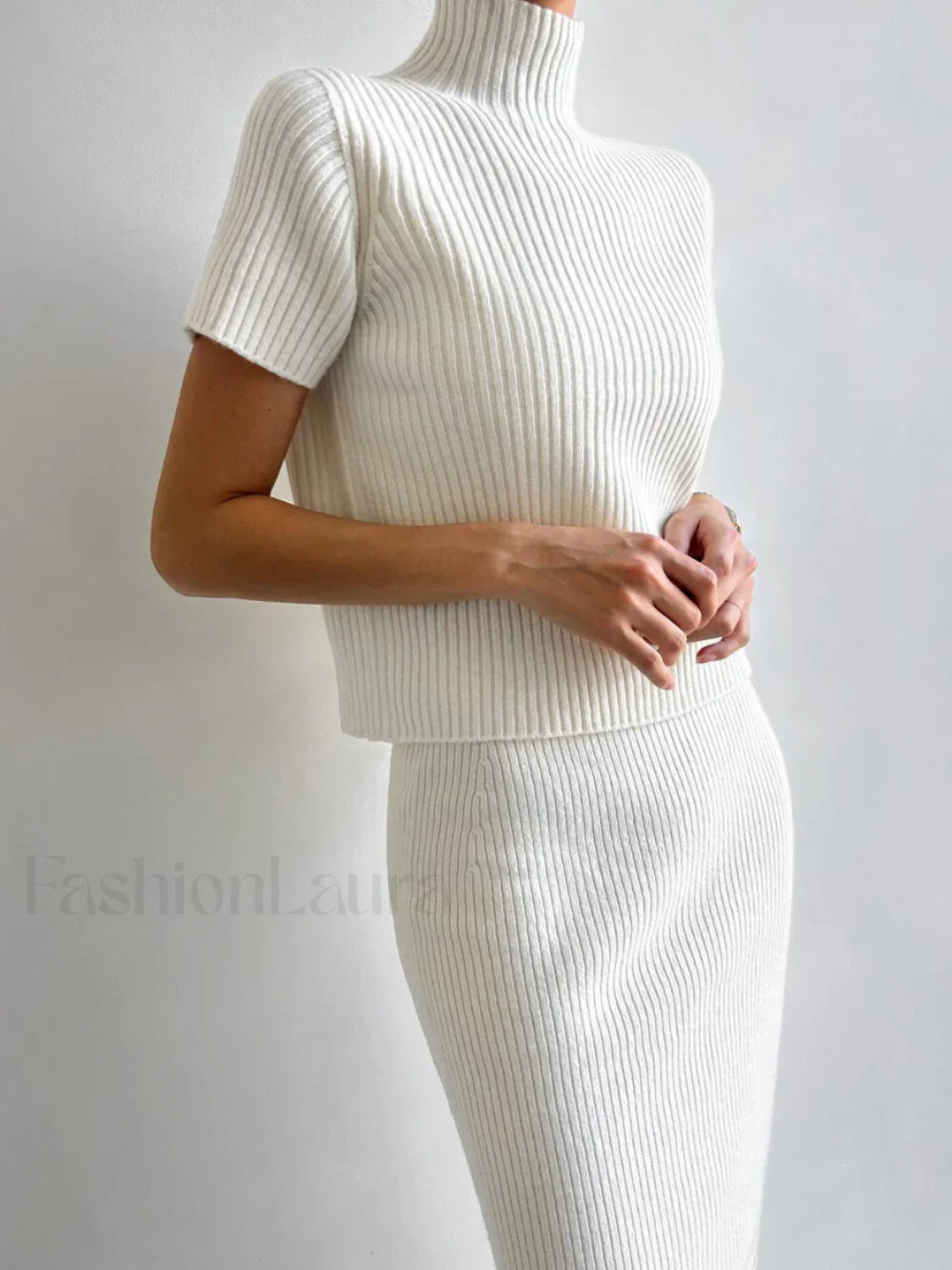 Solid High Neck Split Ribbed Classic Knit Two Pieces Skirt Set