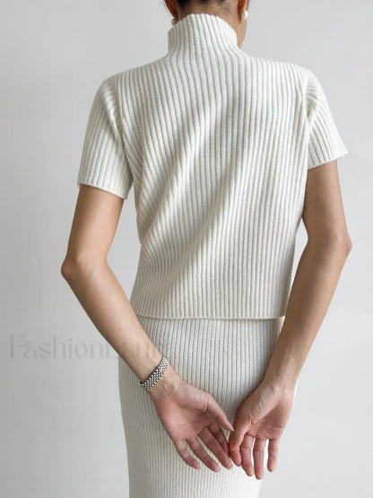 Solid High Neck Split Ribbed Classic Knit Two Pieces Skirt Set