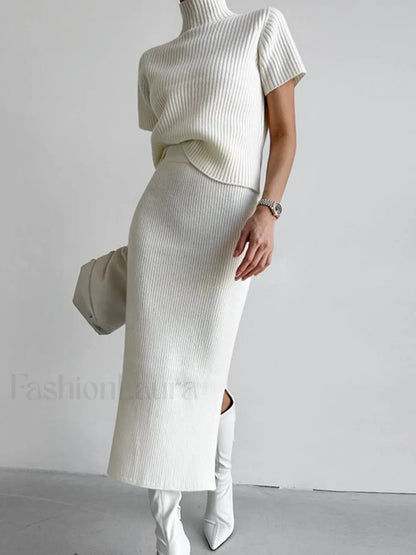 Solid High Neck Split Ribbed Classic Knit Two Pieces Skirt Set