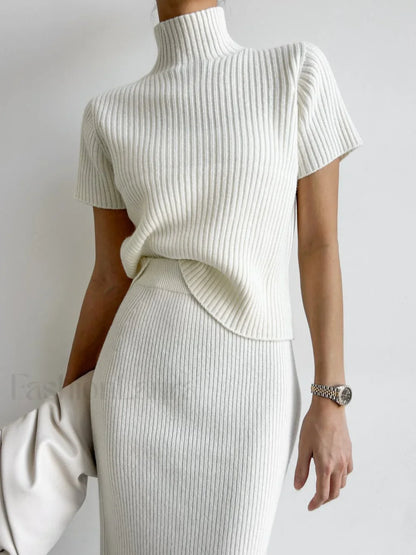 Solid High Neck Split Ribbed Classic Knit Two Pieces Skirt Set
