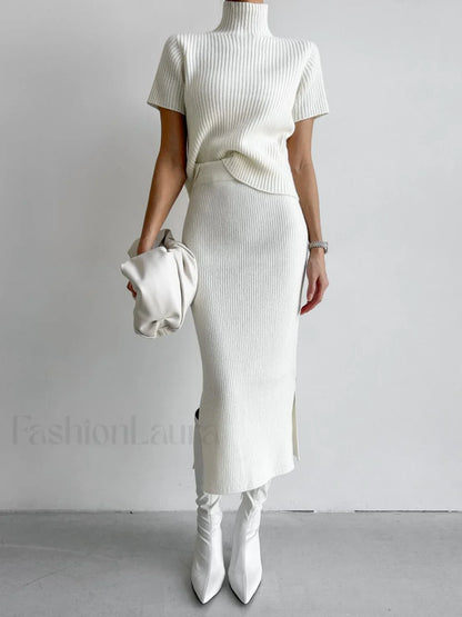 Solid High Neck Split Ribbed Classic Knit Two Pieces Skirt Set