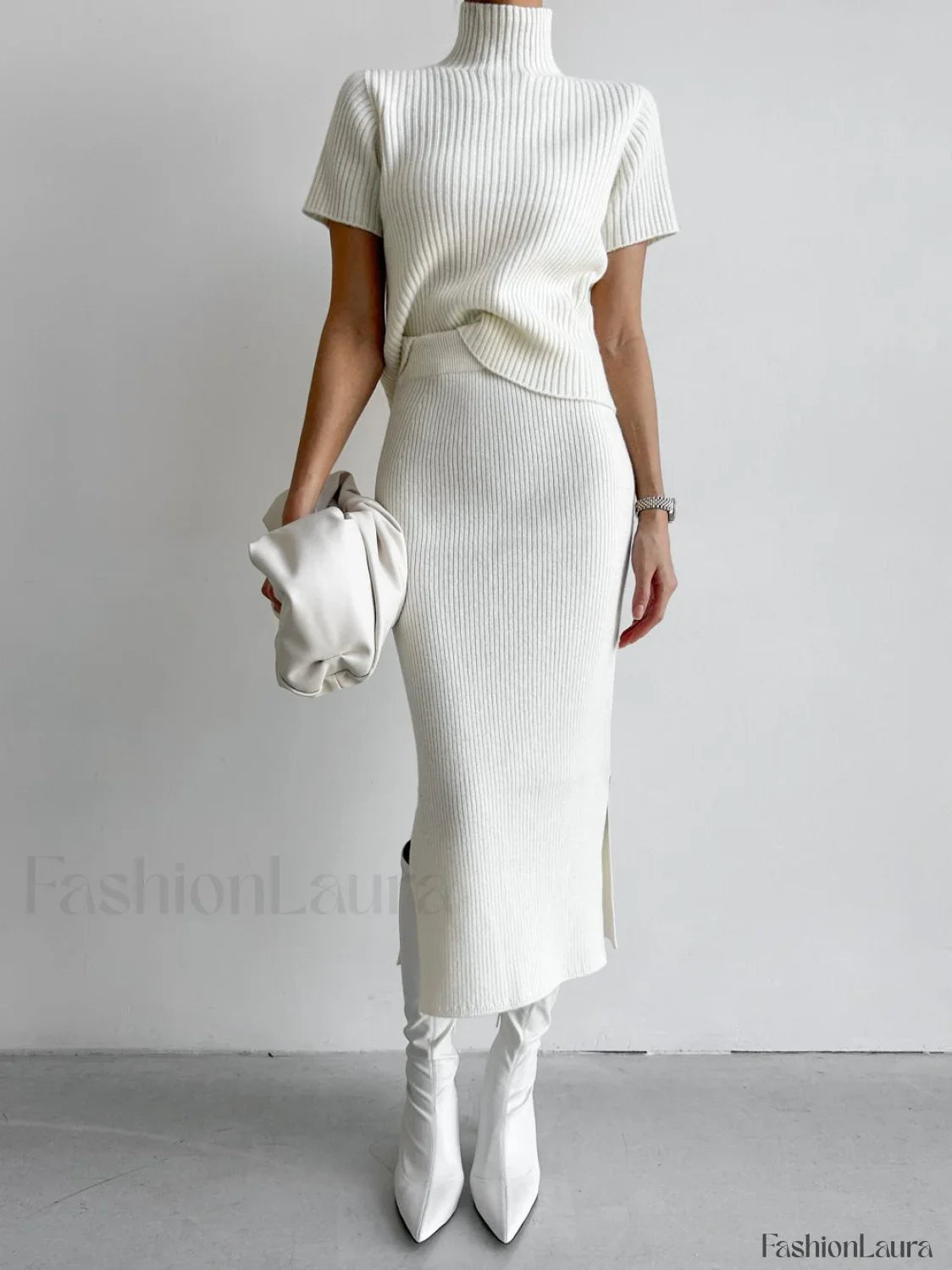 Solid High Neck Split Ribbed Classic Knit Two Pieces Skirt Set