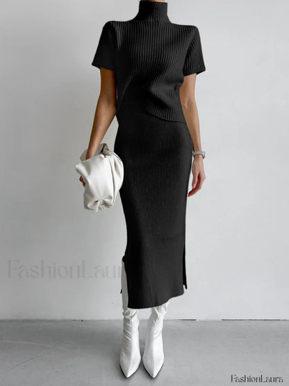 Solid High Neck Split Ribbed Knit Two Pieces Skirt Set