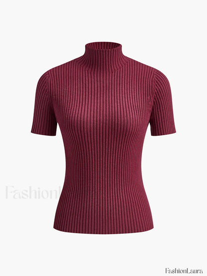 Solid High Neck Split Ribbed Knit Two Pieces Skirt Set