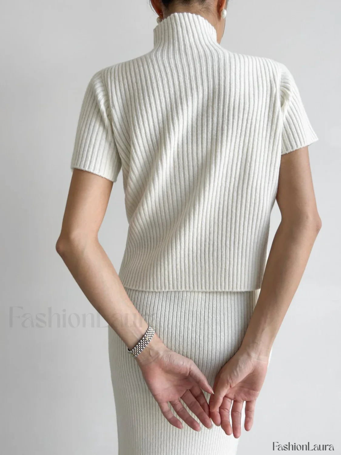 Solid High Neck Split Ribbed Knit Two Pieces Skirt Set