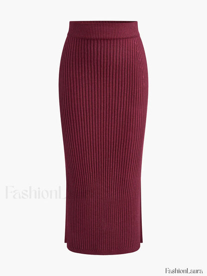 Solid High Neck Split Ribbed Knit Two Pieces Skirt Set