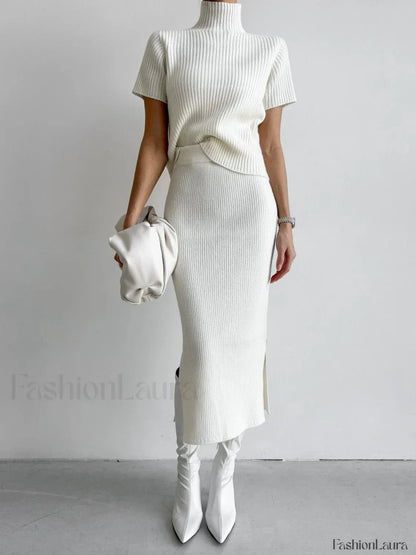 Solid High Neck Split Ribbed Knit Two Pieces Skirt Set