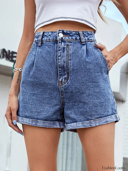 Solid High Waisted Rolled Hem Ladies Denim Shorts