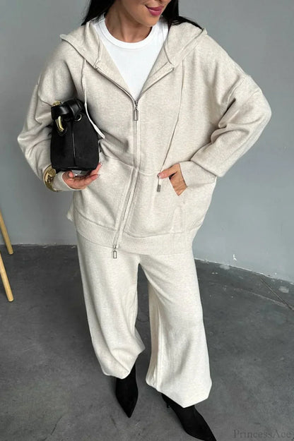 Solid Knit hooded Straight-Leg Two Piece Set