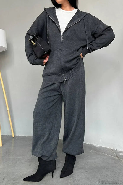 Solid Knit hooded Straight-Leg Two Piece Set